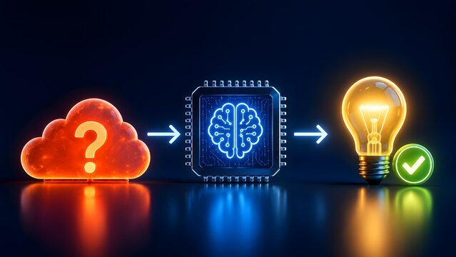Cognitive computing concept showing a glowing cloud with a question mark processed by a digital brain microchip, resulting in a bright lightbulb idea and a success mark