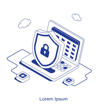 Isometric cybersecurity vector illustration. Laptop showing a file directory protected by a large shield with a padlock. Clean IT network data protection and privacy technology layout