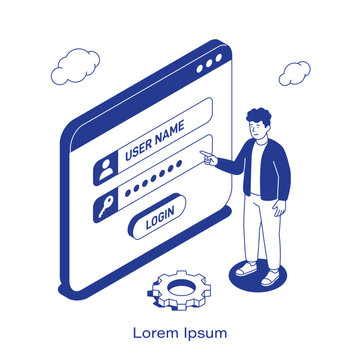 Isometric cybersecurity vector illustration. A man interacting with a large digital login interface showing username, password fields, and a login button. Clean IT technology authentication layout