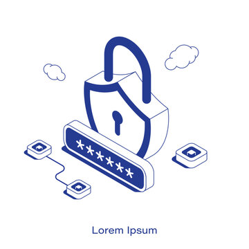 Isometric cybersecurity vector illustration. Large shield combined with a padlock behind a masked password input field. Clean IT data protection and digital privacy technology network layout
