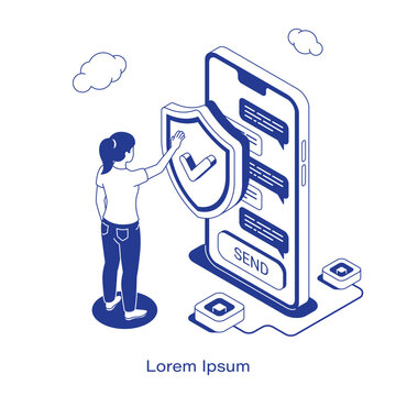 Isometric cybersecurity vector illustration. A woman interacting with a secure chat interface on a large smartphone protected by a checkmark shield. Clean IT privacy technology layout