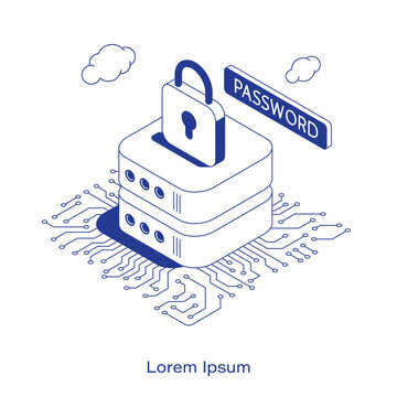 Server stack on a circuit board secured by a padlock and a password label. Clean IT technology data center protection layout. Isometric cybersecurity vector illustration