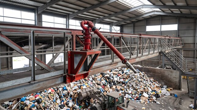 A fire-suppression water cannon is mounted on a steel gantry above a large pile of garbage at a waste transfer station.