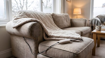 Obraz premium A quilted oatmeal-colored electric heated throw blanket with a fabric controller draped over the arm of a worn sofa in a cozy living room during winter.