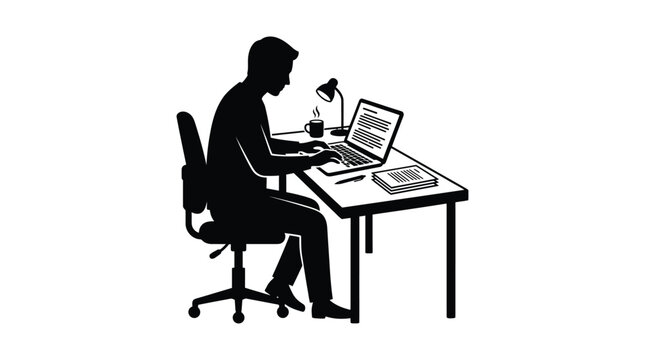 Man working at desk with laptop black silhouette