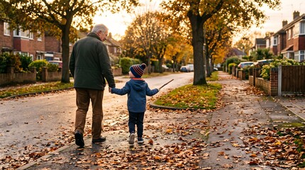 Fototapeta premium Grandfather walking with his grandson on a suburban street covered in autumn leaves after the school run.