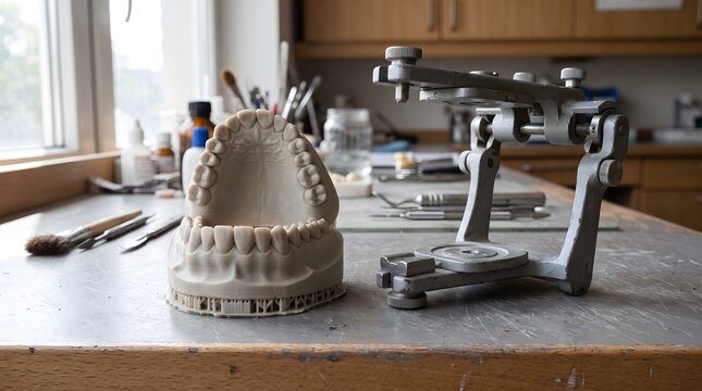 Resin 3D printed dental model and mechanical articulator on a technician workbench in a dental laboratory.