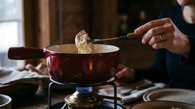 Woman dipping a piece of bread into a red cast iron fondue pot filled with melted cheese over a blue spirit flame.
