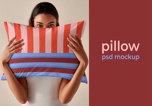 Young Black Woman Holding Striped Pillow Mockup PSD On Clean Background