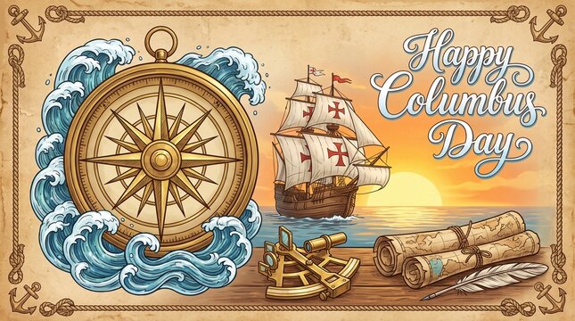 Vintage Compass and Sailing Ship Illustration Celebrating the Historical Columbus Day Event