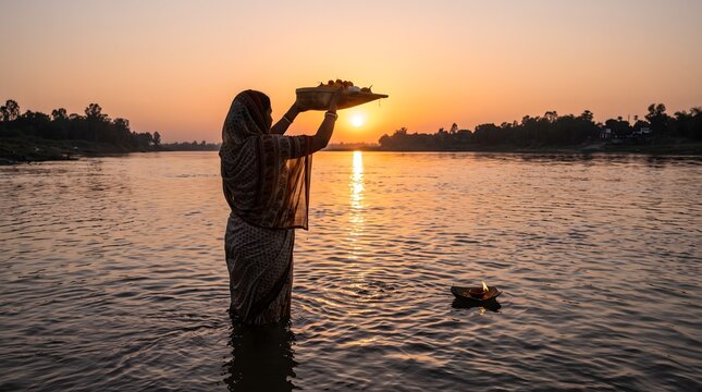 Indian woman standing in a river at sunset offering a bamboo soop during Chhath Puja festival.