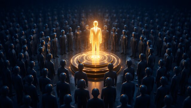Glowing orange businessman silhouette standing on a tiered podium surrounded by a dark crowd representing corporate leadership and executive success