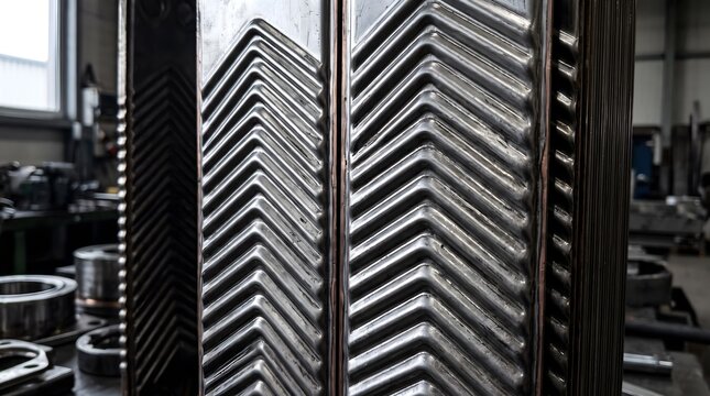 Close-up of corrugated stainless steel plates in a brazed plate heat exchanger stack.
