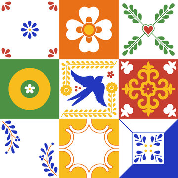 Colorful Mexican Talavera Ceramic Tile Seamless Pattern Inspired by Puebla, Mexico. Floral Vector Background.