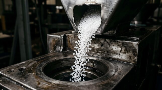 White polymer pellets pouring from a hopper into the feed port of a plastic extrusion machine