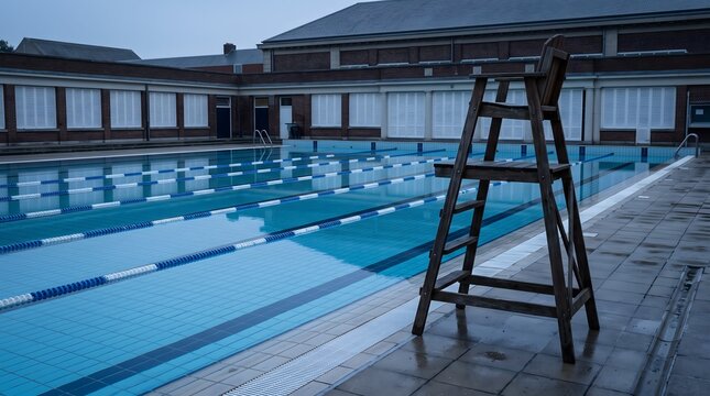 Wooden lifeguard chair standing beside an empty outdoor swimming pool in the early morning light