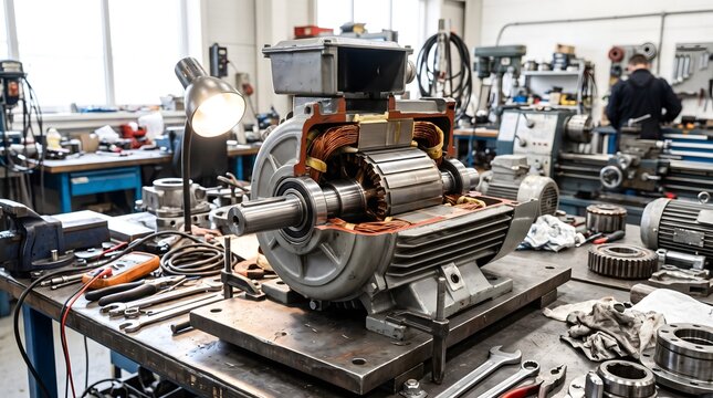 A detailed cutaway section of an industrial electric motor revealing the stator windings and rotor inside a workshop.