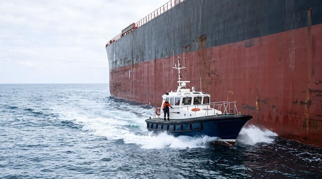 A marine pilot launch boat maneuvers alongside the towering steel hull of a large cargo ship in open water.