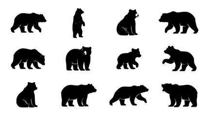 Fototapeta premium Bears, a Set of Silhouette Icons Depicting Various Poses and Stances, Perfect for Design Projects