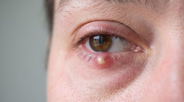 Close-up portrait of a human eye with an external hordeolum on the lower lash line.