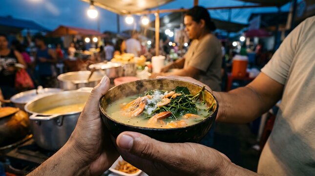 Person holding a traditional gourd bowl of tacaca soup at a night food market.