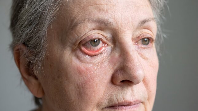 Senior woman with lower lid ectropion showing exposed red conjunctiva in an examination room.