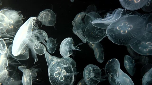 Close-up view of numerous moon jellyfish floating against a black background