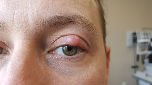 Close-up of a human eye with a chalazion swelling on the upper eyelid in an ophthalmology clinic.
