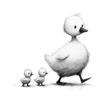 Minimalist charcoal drawing of fluffy white duck walking with two small ducklings behind.