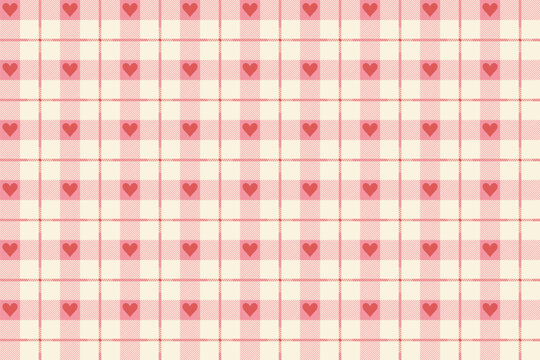 Pink And White Vichy Background With Heart. Gingham Seamless Pattern. Valentines Day Print.