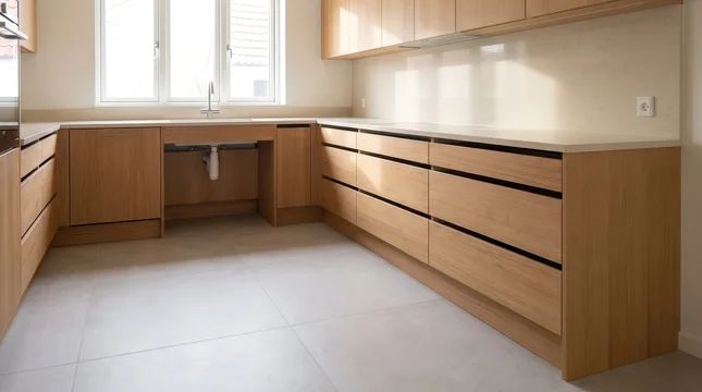 Present bright accessible wooden kitchen interior featuring lowered sink space for wheelchair mobility