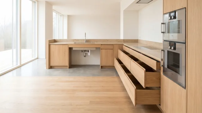 Construct spacious accessible kitchen featuring lowered sink open drawers and modern integrated appliances