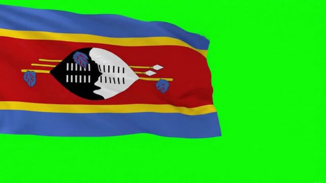 Eswatini Flag Waving in the Wind on Green Screen Background, Eswatini National Flag Chroma Key