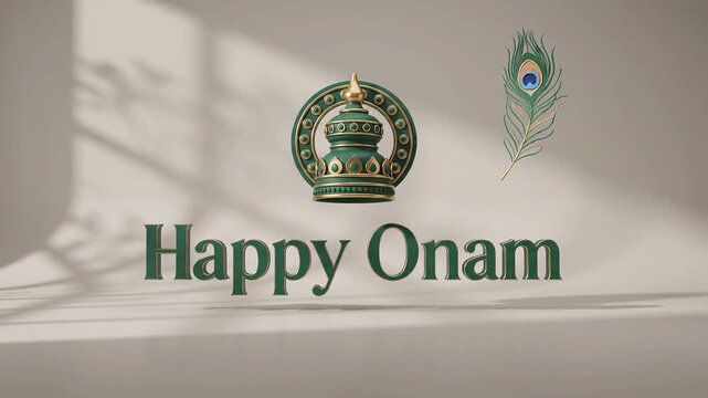 Minimalist Happy Onam greeting card with traditional Kerala crown and peacock feather illustration.