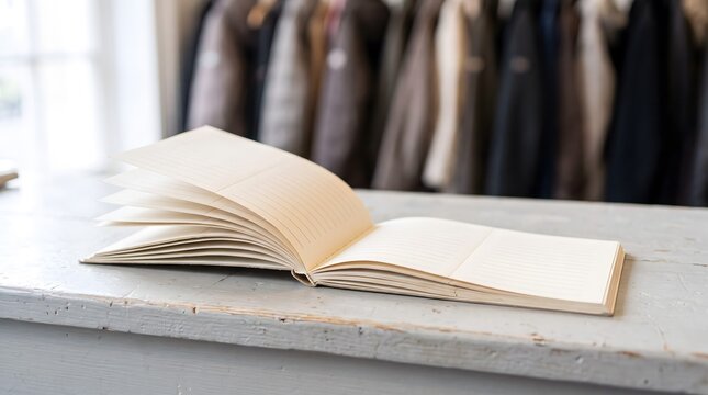 An open blank cloakroom ticket book rests on a painted wooden counter with coats hanging in the background.