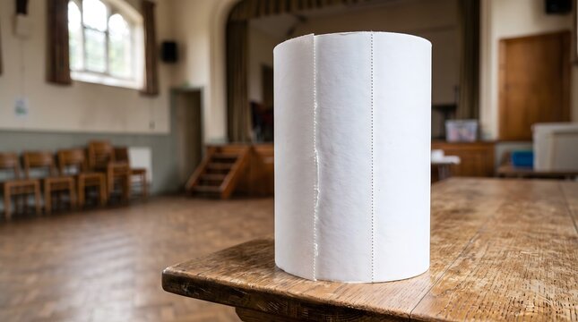 A blank white roll of perforated raffle tickets stands on a wooden table in a community hall.