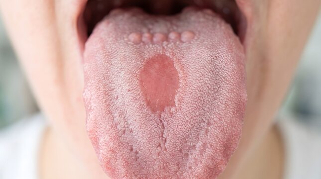 A clinical close-up of median rhomboid glossitis showing a smooth red patch on the dorsal surface of the tongue.
