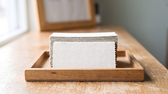 A stack of blank rectangular handmade paper tickets sitting in a wooden tray on a desk.