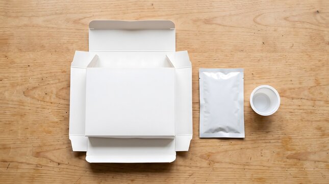 A blank white medical diagnostic test kit with a foil sachet and collection cup on a wooden table.