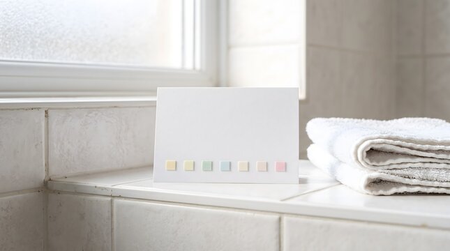 A plain white home diagnostic self-test card with a row of colored reagent pads on a tiled bathroom shelf.