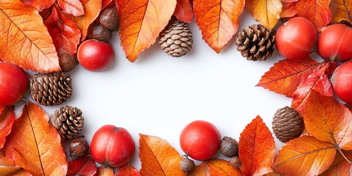 Autumn Foliage Border Frame Decorative Composition with Colorful Fall Leaves and Pine Cones On White