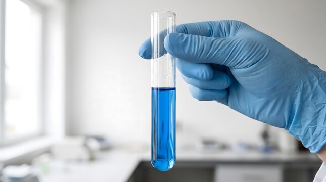 Laboratory technician holding a test tube of blue horseshoe crab blood for pharmaceutical testing.