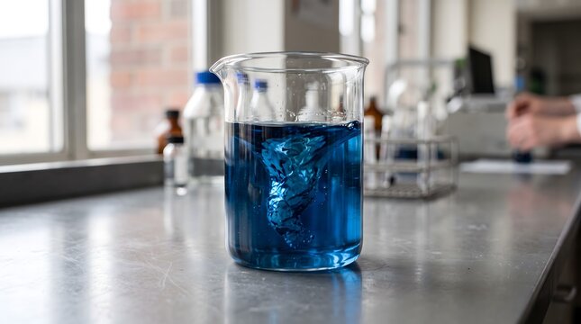 Blue horseshoe crab blood swirling inside a glass beaker on a laboratory countertop for medical research.