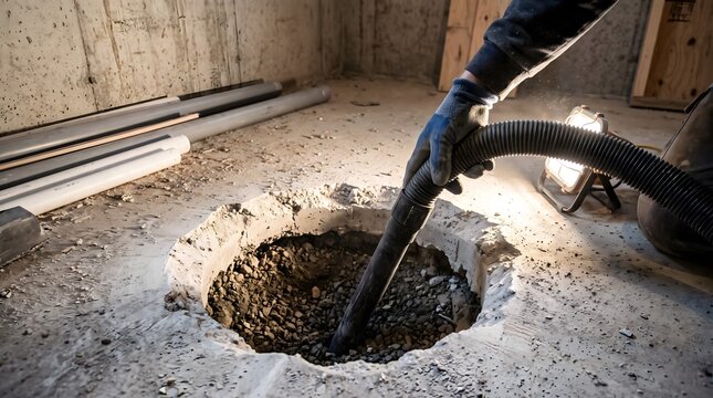 Construction worker using industrial vacuum to clear gravel from a hole in a concrete slab for radon mitigation.