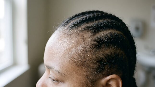 Close-up of a woman's scalp showing signs of traction alopecia with a receded hairline from tight braids.