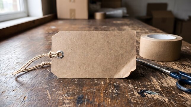 Blank kraft paper parcel tag with jute string on a weathered wooden workbench in a warehouse.