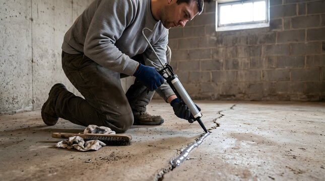 Contractor applying polyurethane sealant to a crack in a concrete basement floor.