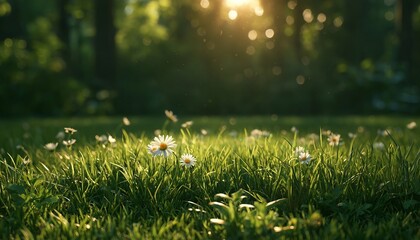 Naklejka premium A Serene Meadow Filled with Beautiful Wild White Daisies Blooming Under Soft Spring Sunlight