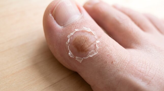 A macro shot of a healing chilblain on a toe showing a brown stain and a circular ring of peeling skin.