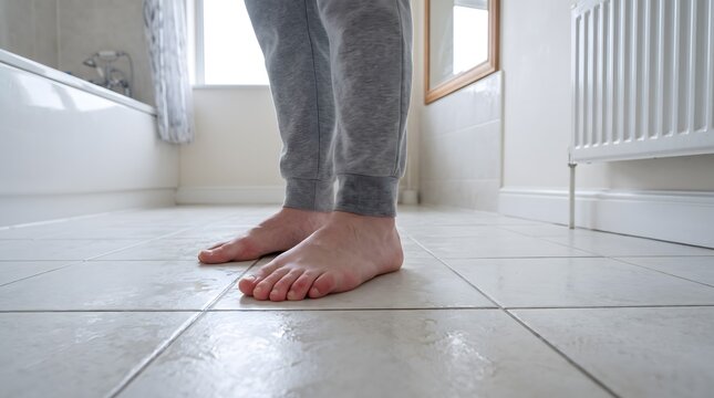 A person standing barefoot on cold bathroom tiles showing symptoms of chilblains on their swollen red toes.
